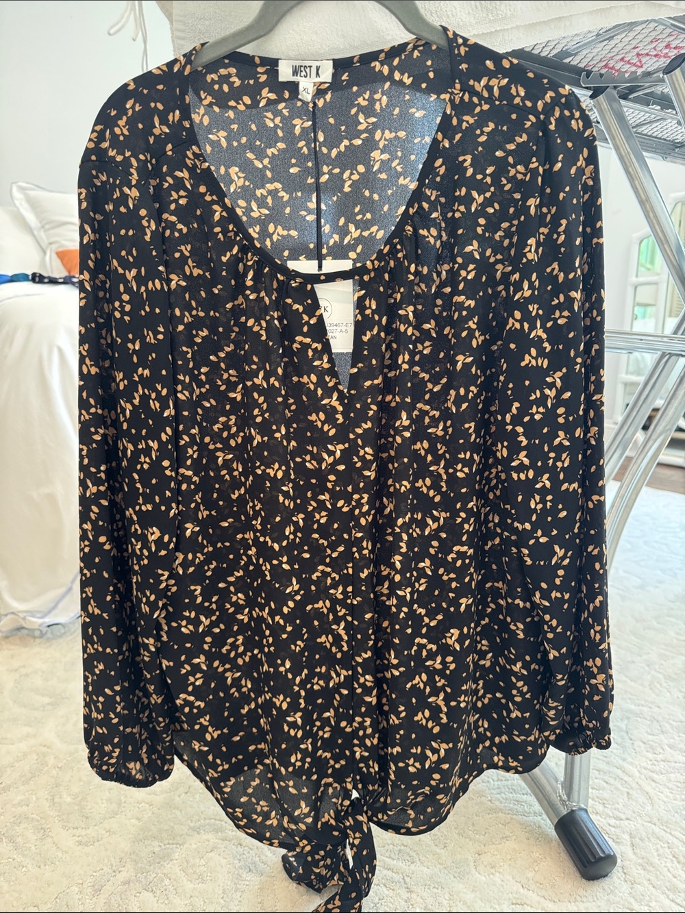 West K Black Blouse with Tan Leaf Print and Front Tie